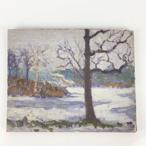 Vintage Winter Snow Trees Impressionist Regionalism Landscape Painting On Board